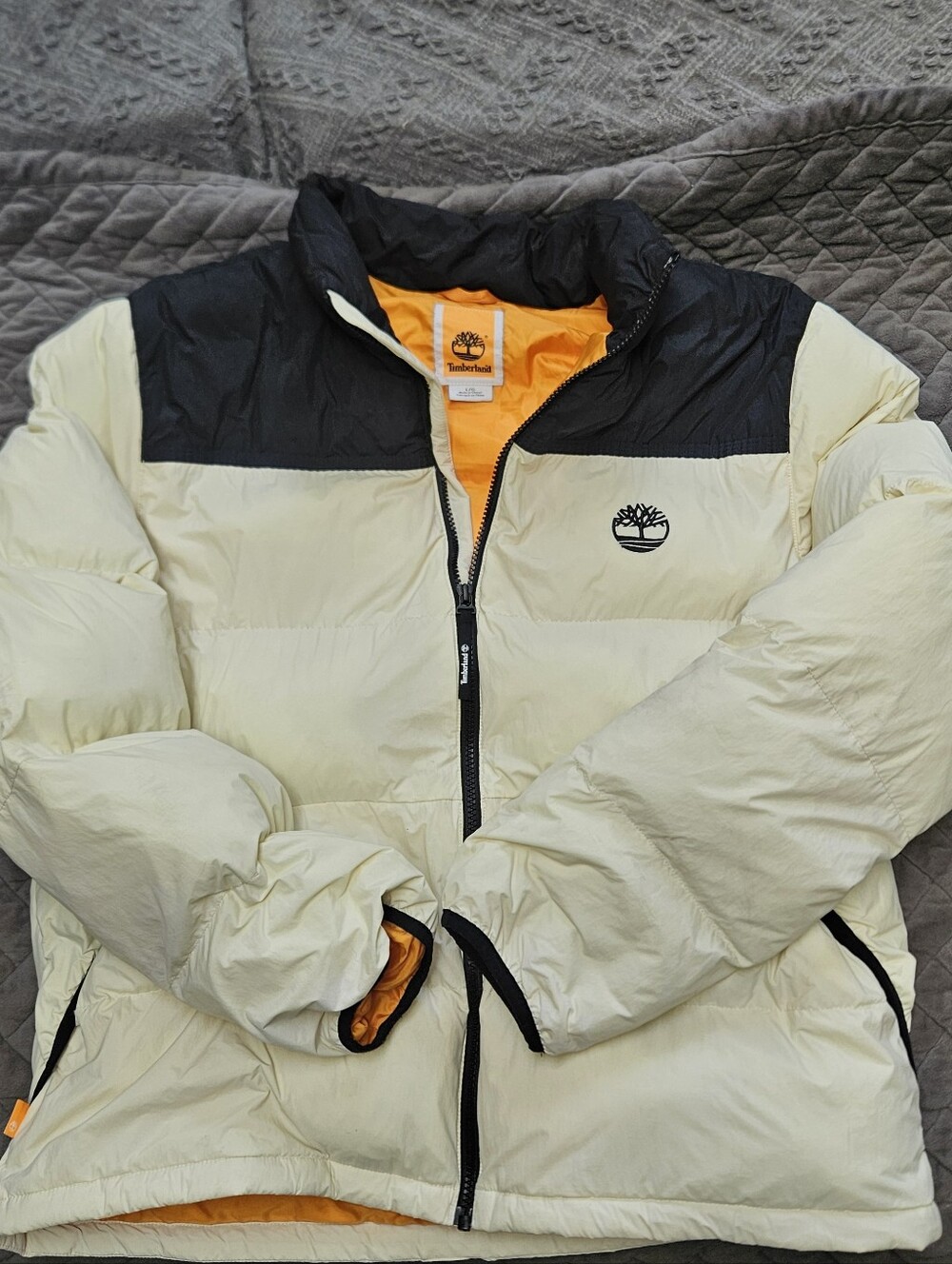 Timberland Men’s Two-Tone Puffer Jacket in Cream, Black & Orange Lining